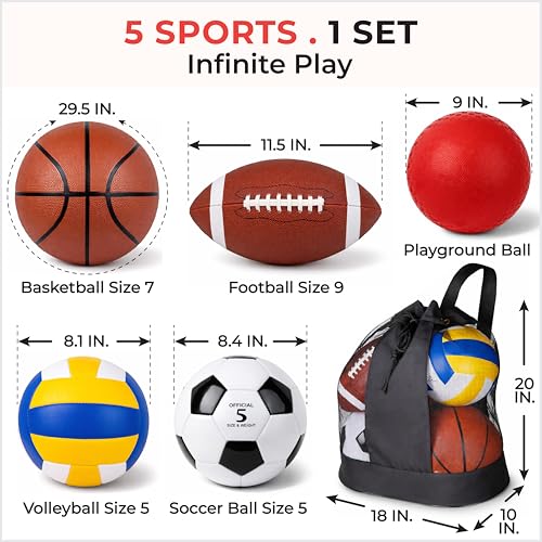 5 Pcs Sport Balls Set Official Size Athletic Balls Include Soccer, Football, Basketball, Volleyball, Playground Ball, Kickball Set, Ball Pump for Indoor Outdoor Game Youth Adult