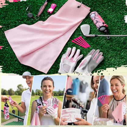 14 Pcs Pink Golf Accessories Set for Women, Golf Glove (fits 6.5 to 6.7" Hand, M/L), Microfiber Towel, Ball Bag with Clip, Tees, Magnetic Ball Marker, Divot Tool & Club Cleaning Brush
