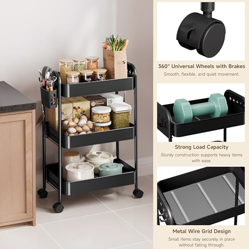 Heavy-Duty Rolling Cart 3 Tier Metal Utility Storage Cart with Casters, Hanging Cups, Hooks, Book Snack Craft Mesh Rolling Storage Organizer for Kitchen Office