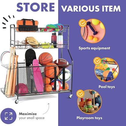 HOME IT Garage Sports Equipment Organizer - Garage Ball Storage Rack Organizer Holder with Baskets, Rolling Wheels & Breaks - Large Capacity Heavy Duty Steel Ball Storage Cart