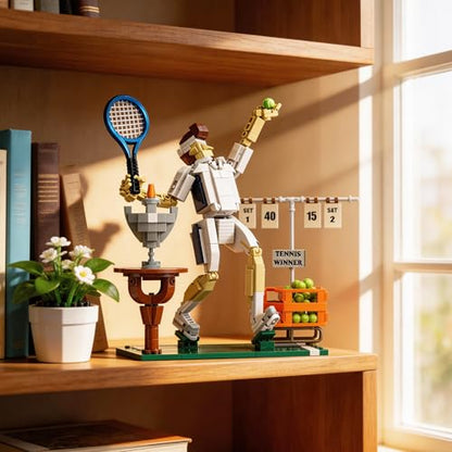 Tennis Champion Building Set for Adults – 482Pcs Kit with Metal Racket, 30 Mini Balls, Trophy & Scoreboard Stickers – Poseable Figure on Grass Court Model, Collectible Sports Diorama