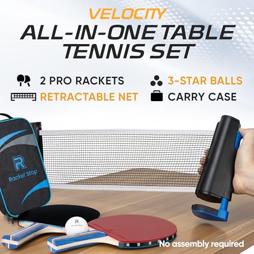 Velocity Table Tennis Paddle Set – 2 Ping Pong Rackets with ITTF-Approved Rubber, Retractable Net System, 3-Star Balls & Carry Case for Indoor & Outdoor Games and Travel Play