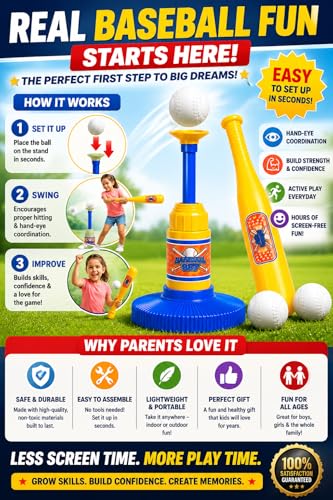 Baseball Training Tee Ball Popper Set with Bat & 3 Balls – Pop Up Hitting Trainer for Baseball Swing Practice