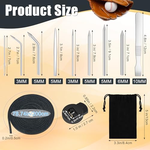 Anglekai 21PCS Baseball Glove Lace Needles Kit, Softball Glove Repair Lace Kit with 8PCS Needles/ 78 in Leather Strip/ 10 Locks/Bag (Black)
