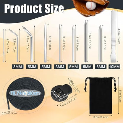 Anglekai 21PCS Baseball Glove Lace Needles Kit, Softball Glove Repair Lace Kit with 8PCS Needles/ 78 in Leather Strip/ 10 Locks/Bag (Black)