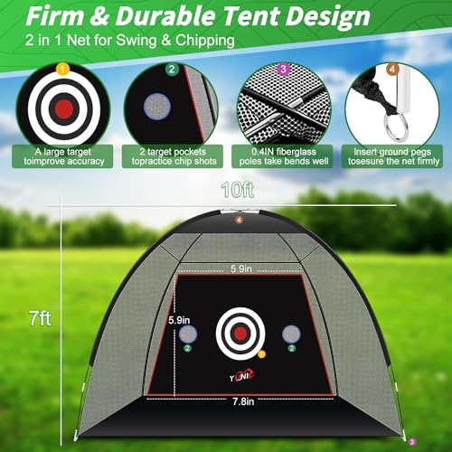 Golf Practice Net with Tri-Turf Mat - All-in-One Home Golf Hitting Aid for Backyard Driving, Chipping, Swing Training