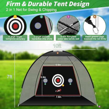 Golf Practice Net with Tri-Turf Mat - All-in-One Home Golf Hitting Aid for Backyard Driving, Chipping, Swing Training