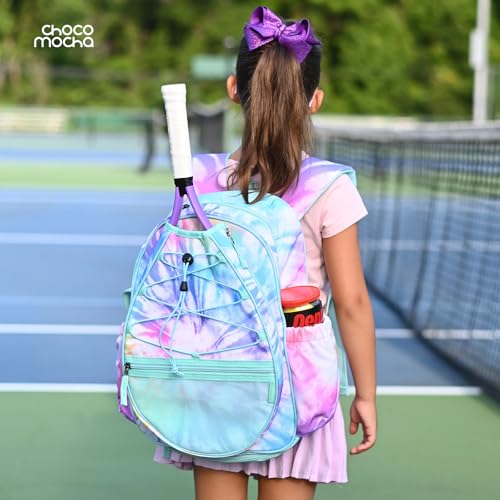 Choco Mocha Kids Tennis Bag, 16 Inch Youth & Junior Tennis Backpack with Shoe Compartment, Holds 2 Rackets (21–23 Inch) - color: Dot Blue Pink