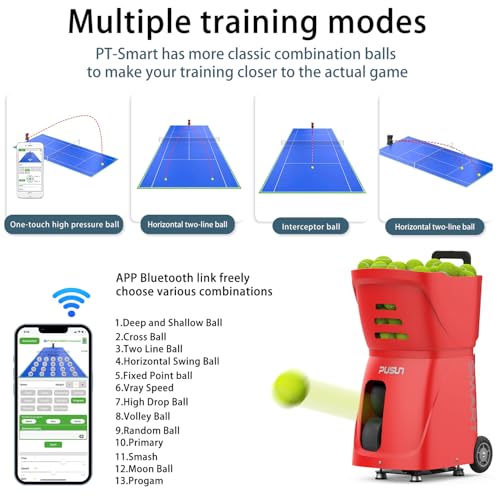Tennis Ball Machine PT-Smart, 100+ Ball Capacity,Remote-Controlled/APP, Adjustable Speed & 12 Fixed Modes, Portable Training Equipment for Enthusiasts, Pros & Beginners - color: Red