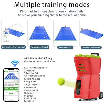 Tennis Ball Machine PT-Smart, 100+ Ball Capacity,Remote-Controlled/APP, Adjustable Speed & 12 Fixed Modes, Portable Training Equipment for Enthusiasts, Pros & Beginners - color: Red