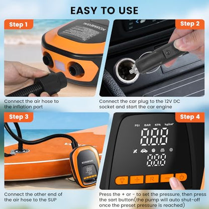 kosmegal Electric Paddle Board Pump, High Pressure SUP Pump with Inflation & Deflation, Auto-Off, 12V DC Car Connector Portable Air Pump for Inflatables and Kayaks