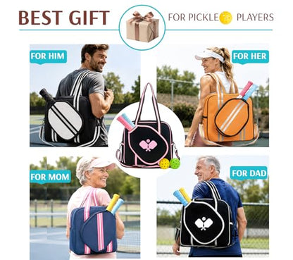 Pickleball Sports Tote Bag with Racket Holder, Neoprene, Adjustable Shoulder Strap - color: Black/Pink