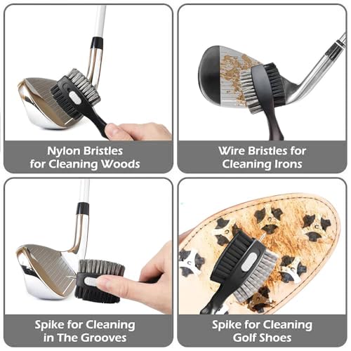 THIODOON 2 Pack Golf Club Brushes and Groove Cleaner 2 ft Retractable Zipline Carabiner Golf Brush Head with Retractable Spike Comfortable Grip Golf Club Cleaner - color: 2pcs Black & White