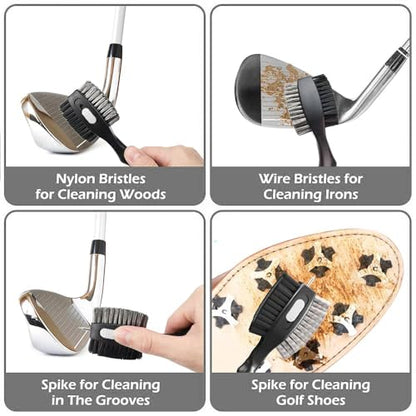 THIODOON 2 Pack Golf Club Brushes and Groove Cleaner 2 ft Retractable Zipline Carabiner Golf Brush Head with Retractable Spike Comfortable Grip Golf Club Cleaner - color: 2pcs Black & White
