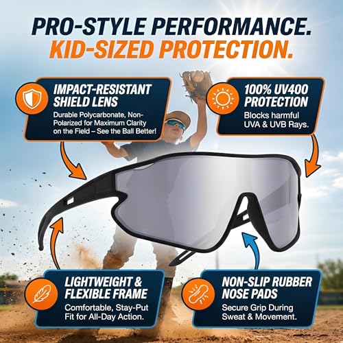 Kids Baseball Sunglasses - Youth Baseball Sunglasses for Boys Girls - Sports Softball Shades Age 6-14 - color: B4 Black / Silver Mirror