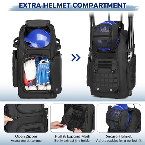 Rolling Baseball Bag with Wheels, Softball Catchers Gear Bags for 4 Bats, Portable Baseball Catcher Bag with Shoe Compartment, Holds All Softball Baseball Equipment - color: Black