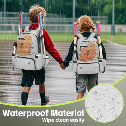 MATEIN Baseball Bat Bag for 4 Bats with Ball Pocket, Lightweight Youth Baseball Backpack with Shoe Compartment, Large Capacity Softball Equipment Bag with Fence Hook for TBall Gear, Helmet, Glove - color: Grey