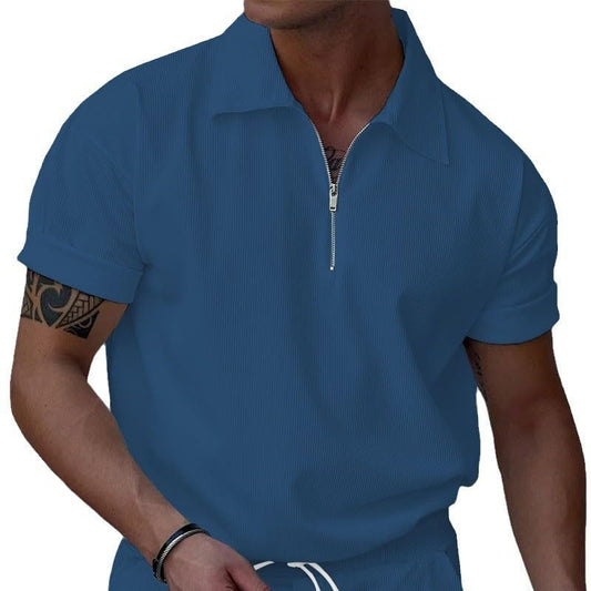 Polo Shirts for Men Corduroy Short Sleeve Zipper Solid Color Ribbed Loose Fit Summer Casual Basic Athletic Golf Tee Tops - color: Blue, size: 3X-Large