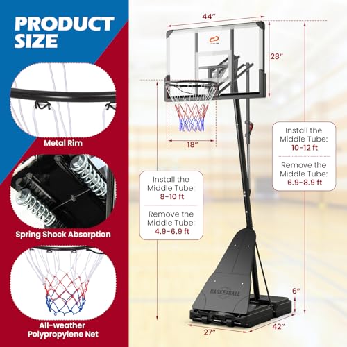 Goplus Basketball Hoop Outdoor, 4.9-10 FT Quickly Height Adjusted Basketball Goal System with 44 Inch PC Backboard, Basketball Rebound, Wheels for Adults Court Backyard Driveway