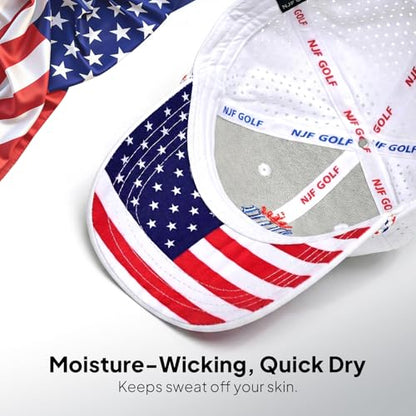 NJF Golf Hat Men - Breathable Mens Golf Hats, Adjustable Rope Hook and Loop Style Cap, Convenient Cap with Tee Holder - color: Njf Us Flag White