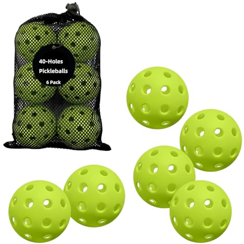 6 Pack Pickleball Balls for Outdoor & Indoor, 40-Holes Practice & Game Pickle Balls with Mesh Bag, High Visibility - color: Green - 6 Pack