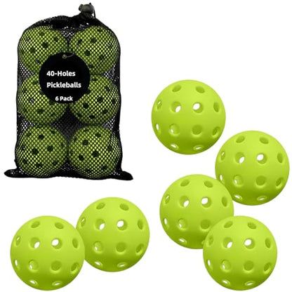 6 Pack Pickleball Balls for Outdoor & Indoor, 40-Holes Practice & Game Pickle Balls with Mesh Bag, High Visibility
