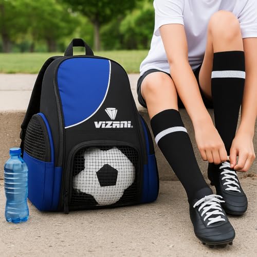 Vizari Solano Soccer Backpack With Ball Compartment and Vented Ball Pocket and Mesh Side Cargo Pockets for Adults and Teens - color: Royal