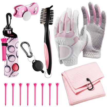 14 Pcs Pink Golf Accessories Set for Women, Golf Glove (fits 6.5 to 6.7" Hand, M/L), Microfiber Towel, Ball Bag with Clip, Tees, Magnetic Ball Marker, Divot Tool & Club Cleaning Brush