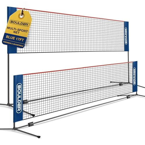 Boulder Portable Badminton Pickleball Net - Foldable/Extendable Poles for Multiple Sports Heights (UP to 5 ft) - Ideal for Tennis, Pickleball, Soccer Tennis - Easy Setup - color: 17ft Blue