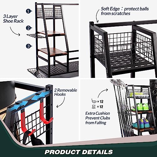 Sttoraboks Golf Bags Storage Garage Organizer, Golf Bag Rack Fits 2/3 Golf Bags and Golf Equipment Accessories, Golf Club Storage Stand with Wooden Shelf and Lockable Wheels for Garage Indoor Basement - style: 3pcs Bag Stand