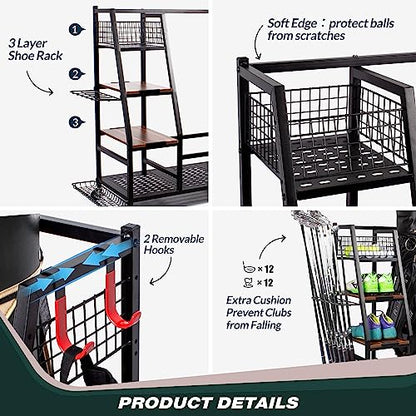 Sttoraboks Golf Bags Storage Garage Organizer, Golf Bag Rack Fits 2/3 Golf Bags and Golf Equipment Accessories, Golf Club Storage Stand with Wooden Shelf and Lockable Wheels for Garage Indoor Basement - style: 3pcs Bag Stand