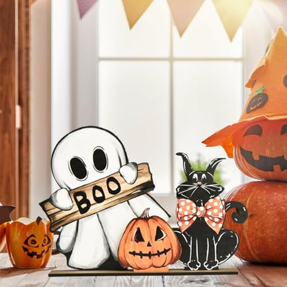 Smile Happy Halloween Wooden Table Decoration, Pumpkin Ghost Boo Black Cat Standing Centerpieces, Indoor Decor for Desk Shelf and Party - style: Halloween
