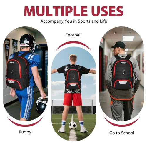 LARIPOP Soccer Backpack with Ball Holder & Shoe Compartment Large Capacity Youth Sports Bag for Training - color: Red