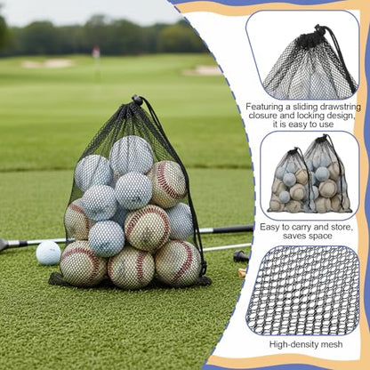 2 Pack Golf Ball Bag Nylon Mesh Bags Drawstring Golf Ball Storage, Sports Equipment Organizer for Gym, Beach, Travel, Laundry, 2 Sizes, Black