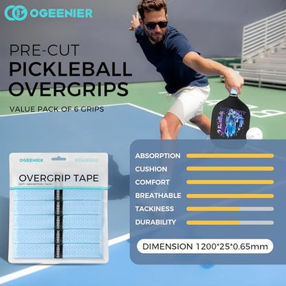 Pickleball Paddle Grips, Pack of 6, Non-Slip & Moisture Wicking Overgrip Tape for Pickleball Paddles - color: Light Blue