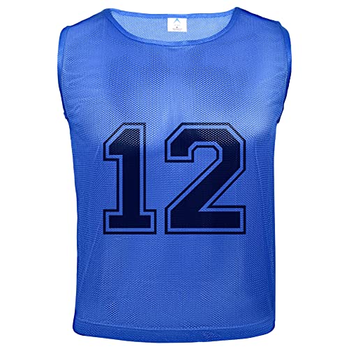 Athllete 12 pcs Duramesh Pinnies/Scrimmage Vest - Kids Youth and Adult Pinnies, Numbered Penny Jerseys for Soccer - color: Azure Blue Numbered Front/Back (1-12), size: Medium