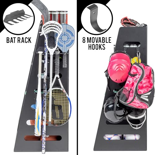 GoSports Premium Wooden Sports Equipment Organizer with Storage Hooks - Golf Bag Rack and Multi-Sport Ball Bin for Garage