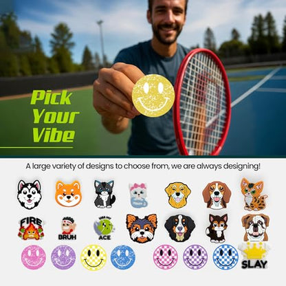 Tennis Racket Dampener - Glitter Smiley Face Designs - Vibration & Noise-Reducing Tennis Shock Absorber for Racquets - Secure, Easy-Install Accessories for Players of All Levels - style: Yellow