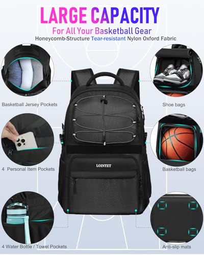 LOINTET Basketball Bag Backpack with Ball Holder Shoes Compartment, Large Basketball Accessories Sports Bag - color: Black