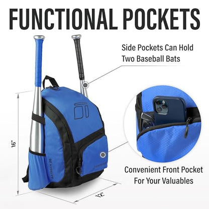 Tonesport Baseball Bag - Backpack for Baseball, Softball, Tball - Adults & Youth Bat Bag - color: Blue, style: Youth Baseball Backpack
