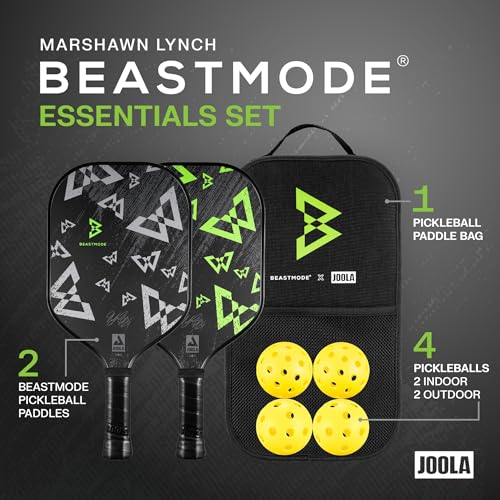 JOOLA Beastmode by Marshawn Lynch or Essentials Pickleball Paddle with Reinforced Fiberglass Surface and Honeycomb Polypropylene Core – Includes 2 Rackets, 4 Balls, and Storage Carry Bag