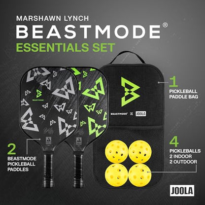 JOOLA Beastmode by Marshawn Lynch or Essentials Pickleball Paddle with Reinforced Fiberglass Surface and Honeycomb Polypropylene Core – Includes 2 Rackets, 4 Balls, and Storage Carry Bag