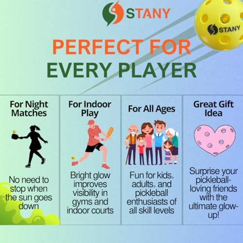 STANY Night Play Pickleball Balls (Updated 2026 Model)– LED Pickleball, Glow in the Dark, Lighted, USAPA Size, 40-Hole, Indoor/Outdoor, Beginner/Competitive, Gift, Green, 6 Pack, 3 Extra Batteries