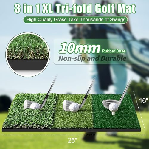 Golf Practice Net with Tri-Turf Mat - All-in-One Home Golf Hitting Aid for Backyard Driving, Chipping, Swing Training