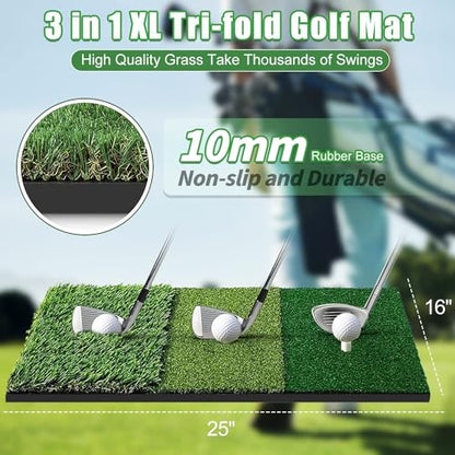 Golf Practice Net with Tri-Turf Mat - All-in-One Home Golf Hitting Aid for Backyard Driving, Chipping, Swing Training