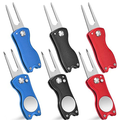 Mile High Life Golf Divot Repair Tool, All Metal Foldable Divot Tool with Pop-up Button & Magnetic Ball Marker, 2-6 Pack - color: Black*2/Blue*2/Red*2