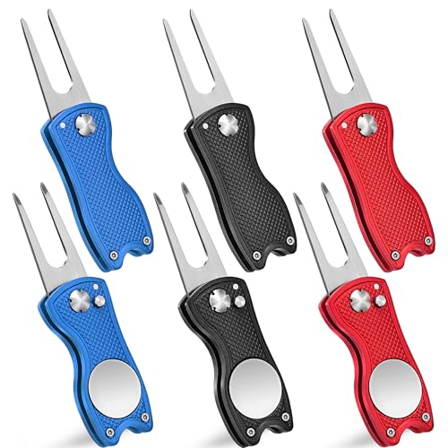 Mile High Life Golf Divot Repair Tool, All Metal Foldable Divot Tool with Pop-up Button & Magnetic Ball Marker, 2-6 Pack - color: Black*2/Blue*2/Red*2