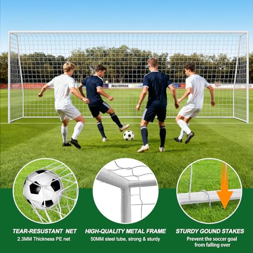 NAIZEA Soccer Goals - 24x8/21x7/18x7/12x6/16x7/10x6/8x6/6x4FT Soccer Goals for Backyard Training- Portable Metal Soccer Net for Youth & Adults - Heavy Duty Steel for Indoor Outdoor Games & Practice - size: 24ft x 8ft, style: Trainer-White/Steel