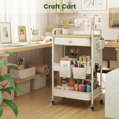 danpinera Rolling Utility Cart with Drawer, 3 Tier Rolling Cart with Wheels, Hooks & Hanging Cups, Craft Cart Art Cart Snack Cart Rolling Storage Cart with Wooden Table Top & DIY Pegboards, White - color: White, size: with pegboards