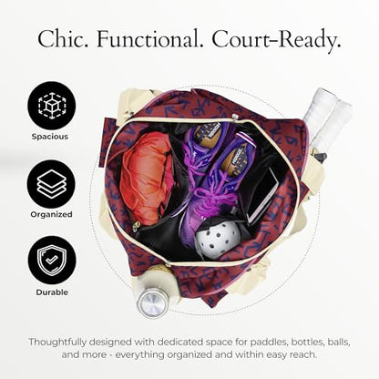 Pik’le’Ball Sport Premium Women's Pickleball Bag – Stylish and Versatile Sports Bag with Water Bottle Holder, Padded Paddle Pocket, and Spacious Design (fits 2+ Paddles!) - color: Court Couture Navy